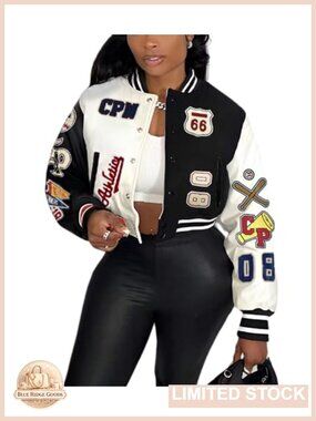 Faux Leather Varsity Jacket with Patches Cropped Bomber